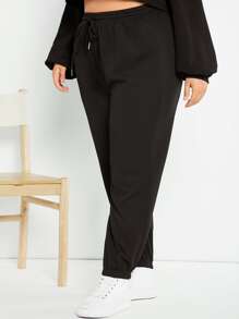 SHEIN Essnce Plus Size Quần thể thao Dây kéo màu trơn - màu đen - Xem 4