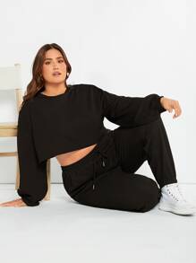 SHEIN Essnce Plus Size Quần thể thao Dây kéo màu trơn - màu đen - Xem 5