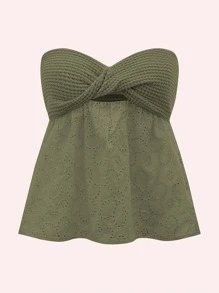 Soleia 前扭結鏤空網眼刺繡上衣 - 軍綠色 - 查看 1