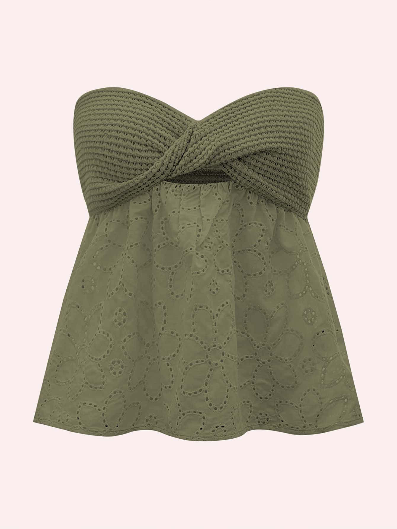 Soleia 前扭結鏤空網眼刺繡上衣 - 軍綠色 - 查看 1