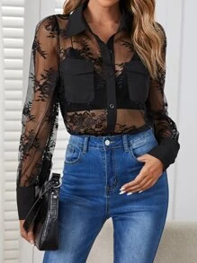 SHEIN Privé Flap Pocket Lace Shirt Without Bra - Black - View 1