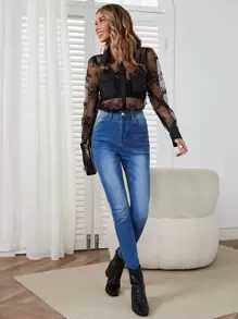 SHEIN Privé Flap Pocket Lace Shirt Without Bra - Black - View 4