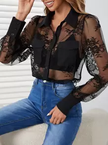 SHEIN Privé Flap Pocket Lace Shirt Without Bra - Black - View 6