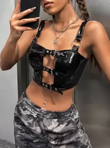 SHEIN ICON Gorpcore Buckled Chi tiết Cut Out Crop PU Cami Top - màu đen - Xem 1