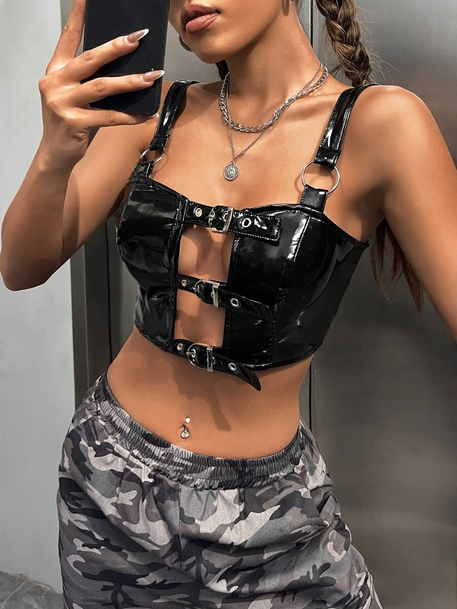 SHEIN ICON Gorpcore Buckled Chi tiết Cut Out Crop PU Cami Top - màu đen - Xem 1