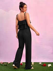 SHEIN BAE 荷葉邊吊帶上衣和喇叭褲套裝 - 黑色 - 查看 2