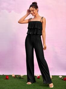 SHEIN BAE 荷葉邊吊帶上衣和喇叭褲套裝 - 黑色 - 查看 3