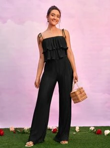 SHEIN BAE 荷葉邊吊帶上衣和喇叭褲套裝 - 黑色 - 查看 5