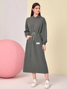 Mulvari Coconut Tree & Letter Graphic Patch Detail Drawstring Waist Hooded Dress - Dark Grey - View 1