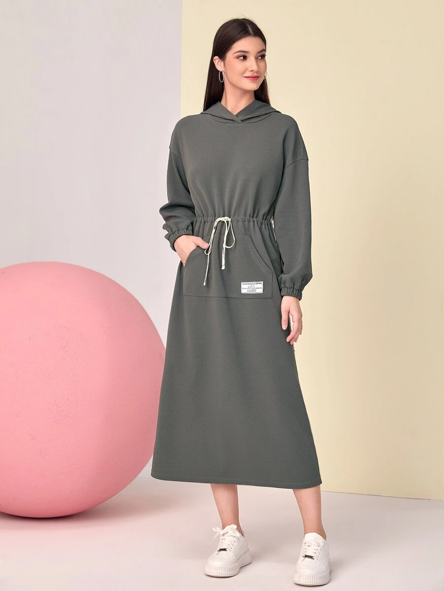 Mulvari Coconut Tree & Letter Graphic Patch Detail Drawstring Waist Hooded Dress - Dark Grey - View 1