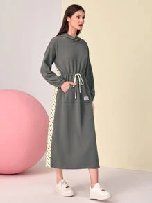 Mulvari Coconut Tree & Letter Graphic Patch Detail Drawstring Waist Hooded Dress - Dark Grey - View 3