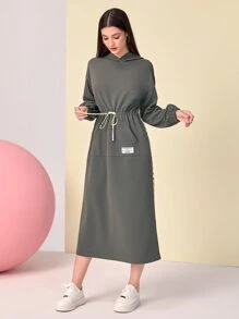 Mulvari Coconut Tree & Letter Graphic Patch Detail Drawstring Waist Hooded Dress - Dark Grey - View 5