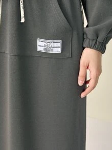 Mulvari Coconut Tree & Letter Graphic Patch Detail Drawstring Waist Hooded Dress - Dark Grey - View 6