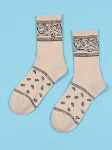 Men Paisley Print Crew Socks - Beige - View 1