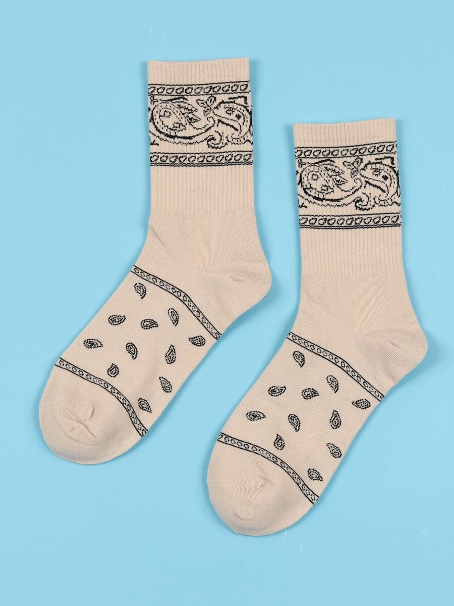 Men Paisley Print Crew Socks - Beige - View 1