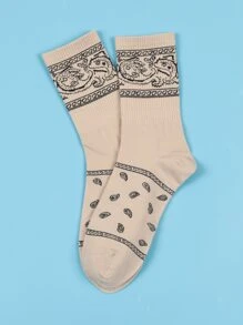 Men Paisley Print Crew Socks - Beige - View 2