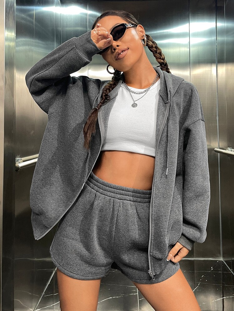 SHEIN EZwear Butterfly & Letter Graphic Drop Shoulder Drawstring Thermal Hoodie & Shorts - Grey - View 3