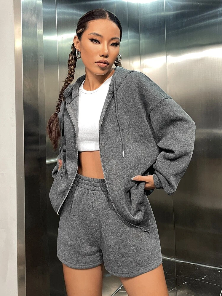 SHEIN EZwear con estampado de mariposa y letra de hombros caídos con cordón Capucha térmica & Shorts - Gris - Ver 4