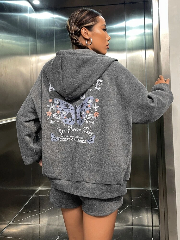 SHEIN EZwear con estampado de mariposa y letra de hombros caídos con cordón Capucha térmica & Shorts - Gris - Ver 5