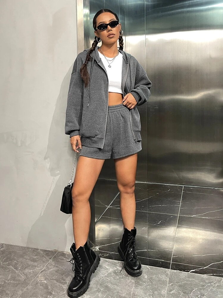 SHEIN EZwear con estampado de mariposa y letra de hombros caídos con cordón Capucha térmica & Shorts - Gris - Ver 7