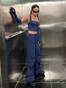 SHEIN EZwear Solid Tank Top & Wide Leg Trousers Set - Navy Blue - View 1