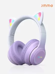 JMMO 耳机可折叠猫耳耳机带 RGB LED 灯内置麦克风适合女孩，兼容 Switch、手机、笔记本电脑圣诞礼物，秋冬必备品 - 紫色 - 查看 1