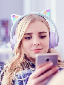 JMMO 耳机可折叠猫耳耳机带 RGB LED 灯内置麦克风适合女孩，兼容 Switch、手机、笔记本电脑圣诞礼物，秋冬必备品 - 紫色 - 查看 2