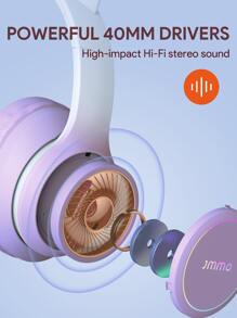 JMMO 耳机可折叠猫耳耳机带 RGB LED 灯内置麦克风适合女孩，兼容 Switch、手机、笔记本电脑圣诞礼物，秋冬必备品 - 紫色 - 查看 3