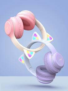 JMMO 耳机可折叠猫耳耳机带 RGB LED 灯内置麦克风适合女孩，兼容 Switch、手机、笔记本电脑圣诞礼物，秋冬必备品 - 紫色 - 查看 8