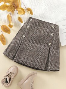 SHEIN Tween Girl Plaid Fake Button Fold Pleated Skirt - Mocha Brown - View 1
