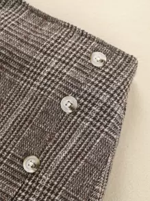 SHEIN Tween Girl Plaid Fake Button Fold Pleated Skirt - Mocha Brown - View 4