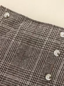 SHEIN Tween Girl Plaid Fake Button Fold Pleated Skirt - Mocha Brown - View 5