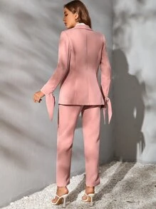 SHEIN Privé Bộ âu phục nữ Nút Thắt nút Dây kéo màu trơn Giải trí - Màu Hồng baby - Xem 4