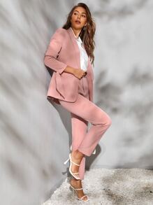 SHEIN Privé Bộ âu phục nữ Nút Thắt nút Dây kéo màu trơn Giải trí - Màu Hồng baby - Xem 2