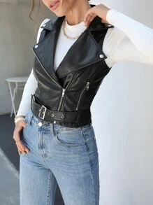 Chiquease Chaqueta de motociclista sin mangas con correa hebillada de PU, para mujer, de primavera/otoño, casual, con cinturón, botones, ojetes, cremallera y solapa, corte regular, de color negro, de poliuretano liso, para uso diario casual