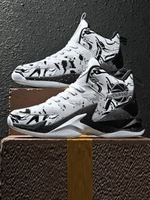 男士撞色前綁帶籃球鞋 - 黑與白 - 查看 1