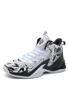 男士撞色前綁帶籃球鞋 - 黑與白 - 查看 4