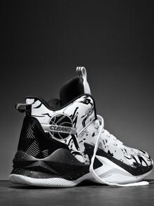 男士撞色前綁帶籃球鞋 - 黑與白 - 查看 3