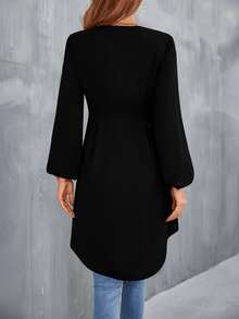 SHEIN LUNE Áo sơ mi nữ Tương phản ren Cao thấp Khối Màu Thanh lịch - màu đen - Xem 2