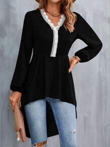 SHEIN LUNE Áo sơ mi nữ Tương phản ren Cao thấp Khối Màu Thanh lịch - màu đen - Xem 3