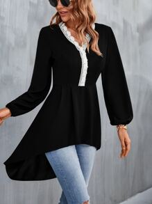 SHEIN LUNE Áo sơ mi nữ Tương phản ren Cao thấp Khối Màu Thanh lịch - màu đen - Xem 4