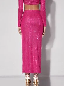 SHEIN BAE Falda de muslo con abertura con lentejuelas - Rosa Fucsia - Ver 2