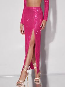 SHEIN BAE Falda de muslo con abertura con lentejuelas - Rosa Fucsia - Ver 3