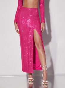 SHEIN BAE Falda de muslo con abertura con lentejuelas - Rosa Fucsia - Ver 5