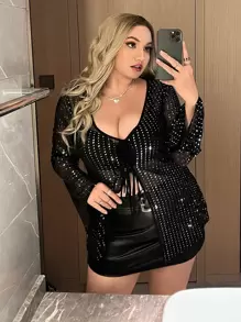 SHEIN Privé Top con cordón delantero con lentejuelas de malla - Negro - Ver 1