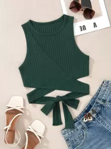 SHEIN Privé Crisscross Tie Back Rib Knit Tank Top - Dark Green - View 1