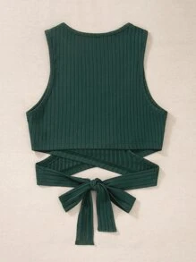 SHEIN Privé Crisscross Tie Back Rib Knit Tank Top - Dark Green - View 2
