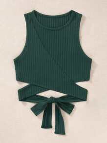 SHEIN Privé Crisscross Tie Back Rib Knit Tank Top - Dark Green - View 4