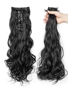 12pcs/Set Long Wavy Hair Extension High Tempreture 22inch Synthetic Hairpiece Clip In Synthetic Hair Extensions For Women - Black - View 1