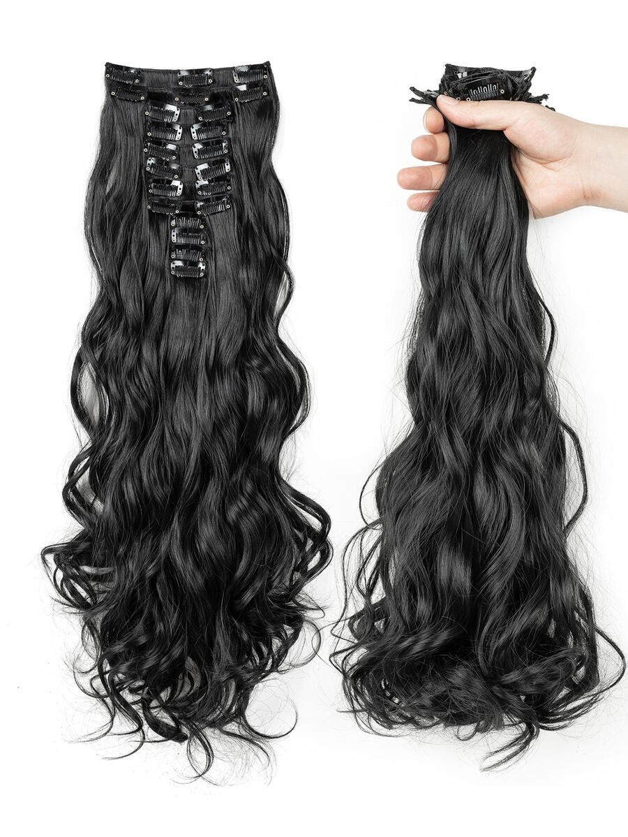 12pcs/Set Long Wavy Hair Extension High Tempreture 22inch Synthetic Hairpiece Clip In Synthetic Hair Extensions For Women - Black - View 1